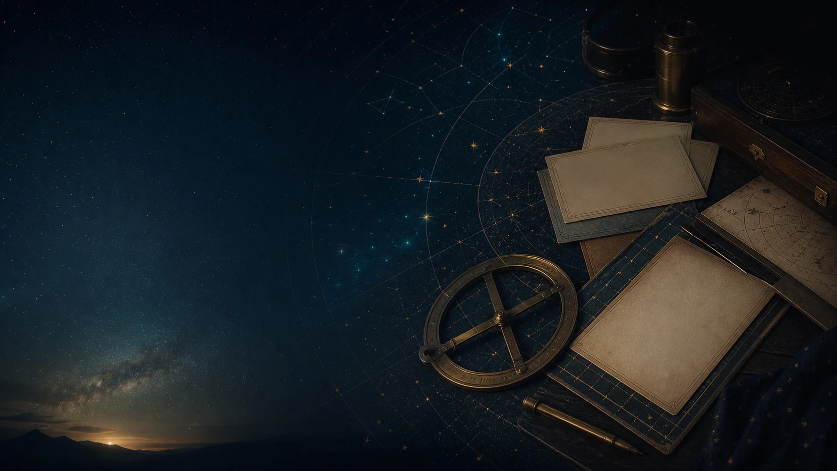 Dark Vedic astronomy question atlas with star-map lines, blank study cards, and brass chart instruments