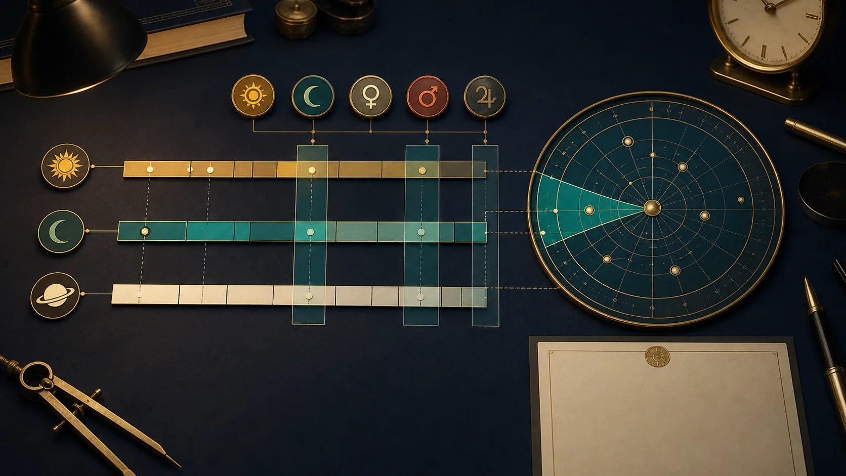 KP astrology event-timing workspace with period tracks, ruling-planet markers, and transit checks