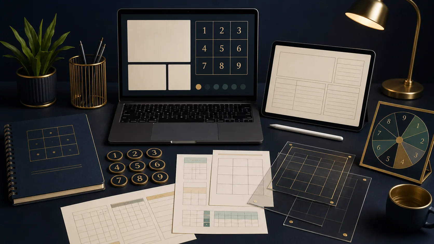 Online numerology class setup with number tokens, grid overlays, cycle wheel, calculation sheets, and report templates