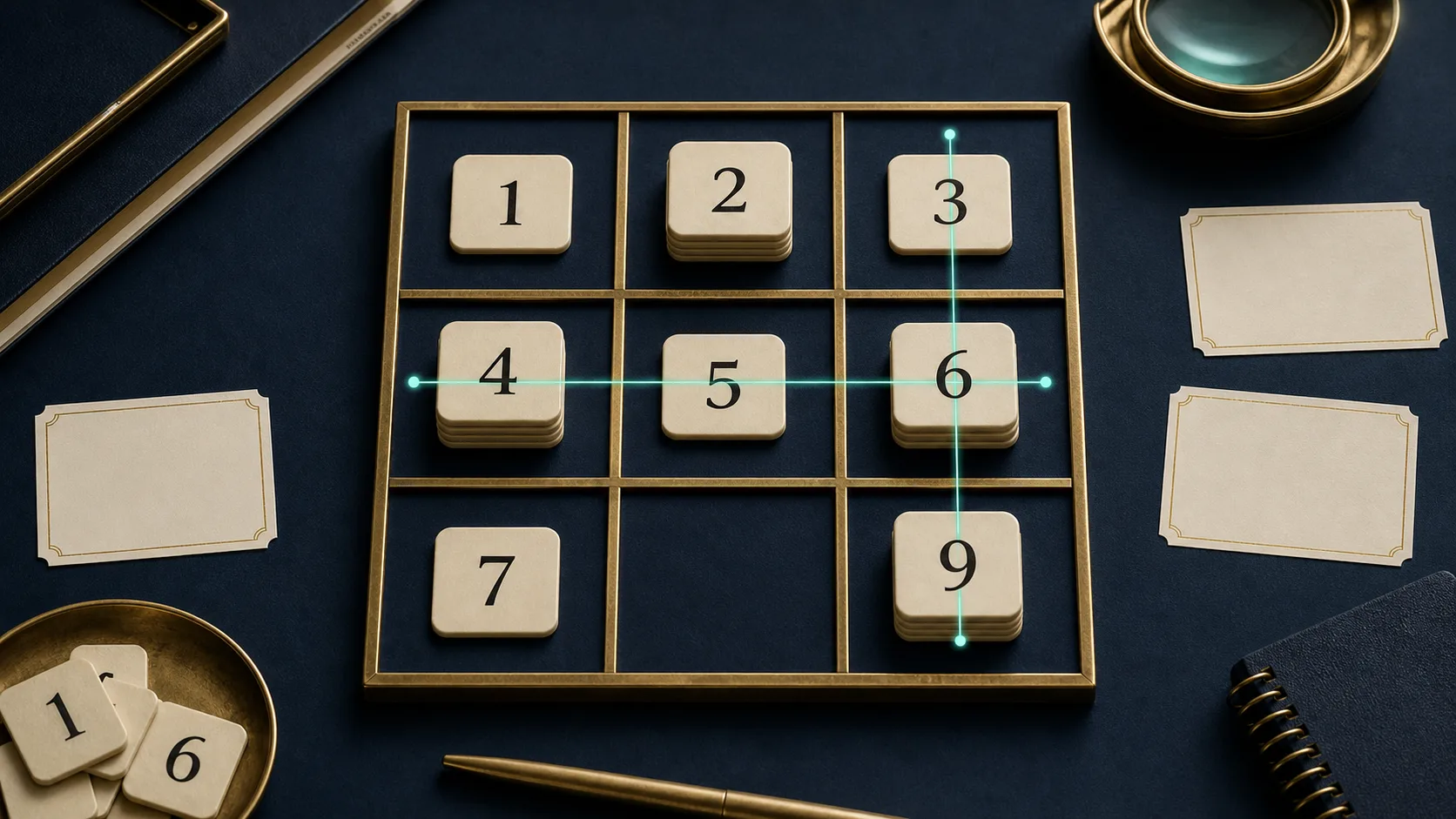 Three-by-three numerology grid with repeated number tiles, empty positions, and connected row and column patterns