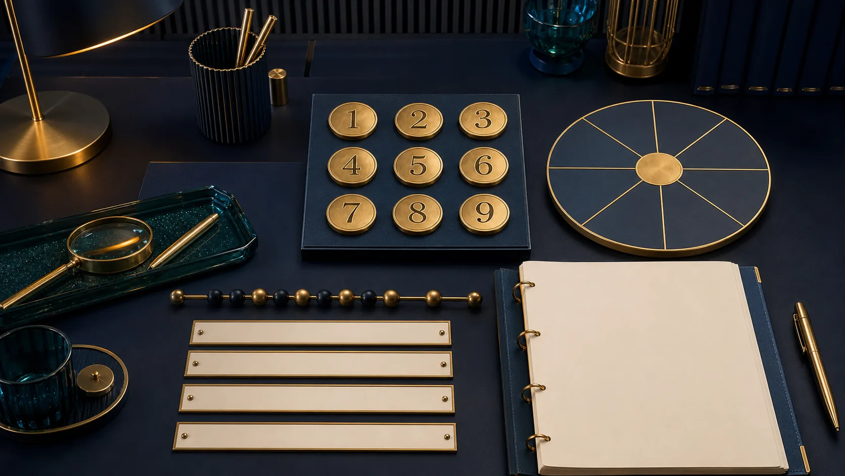 Numerology study desk with number tokens, calculation beads, blank name strips, cycle wheel, and report notebook