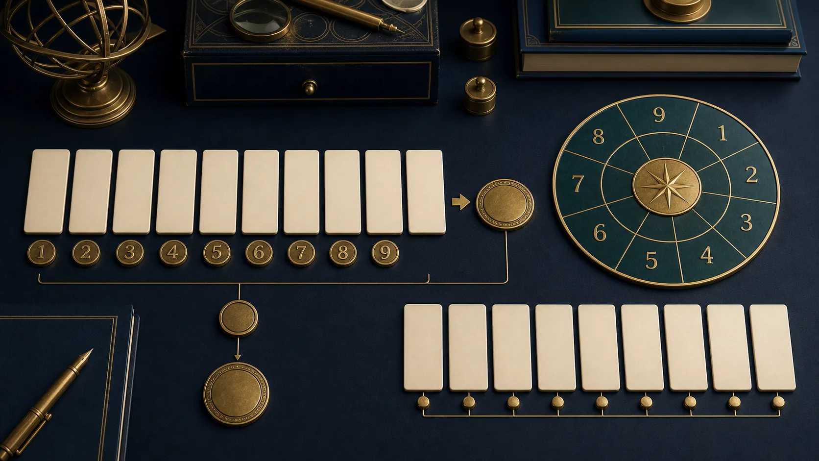Blank name-value tiles connected to number tokens and a nine-part numerology cycle wheel