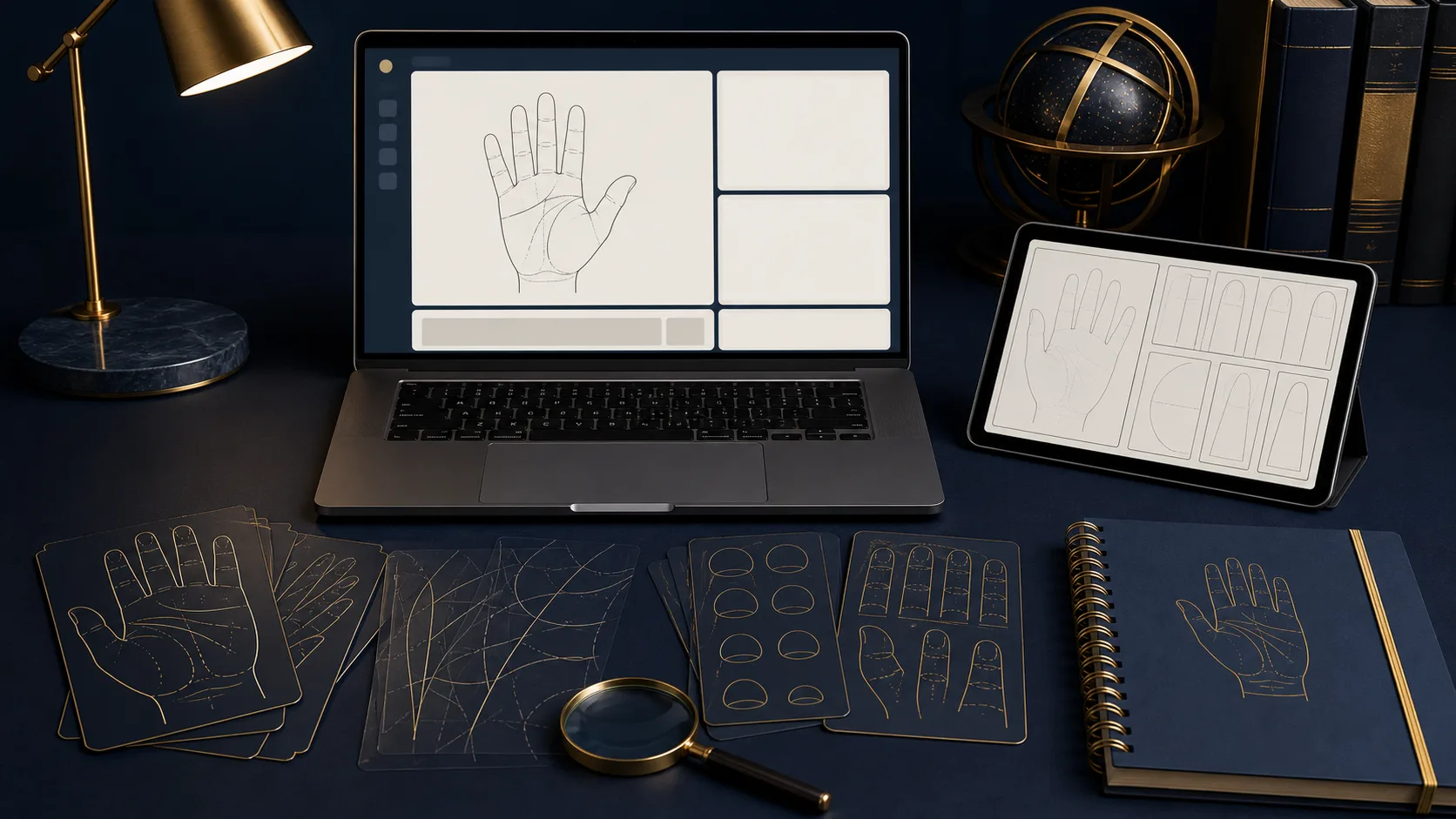 Online palmistry class setup with palm diagrams, finger templates, line overlays, mount cards, magnifier, and study notebook