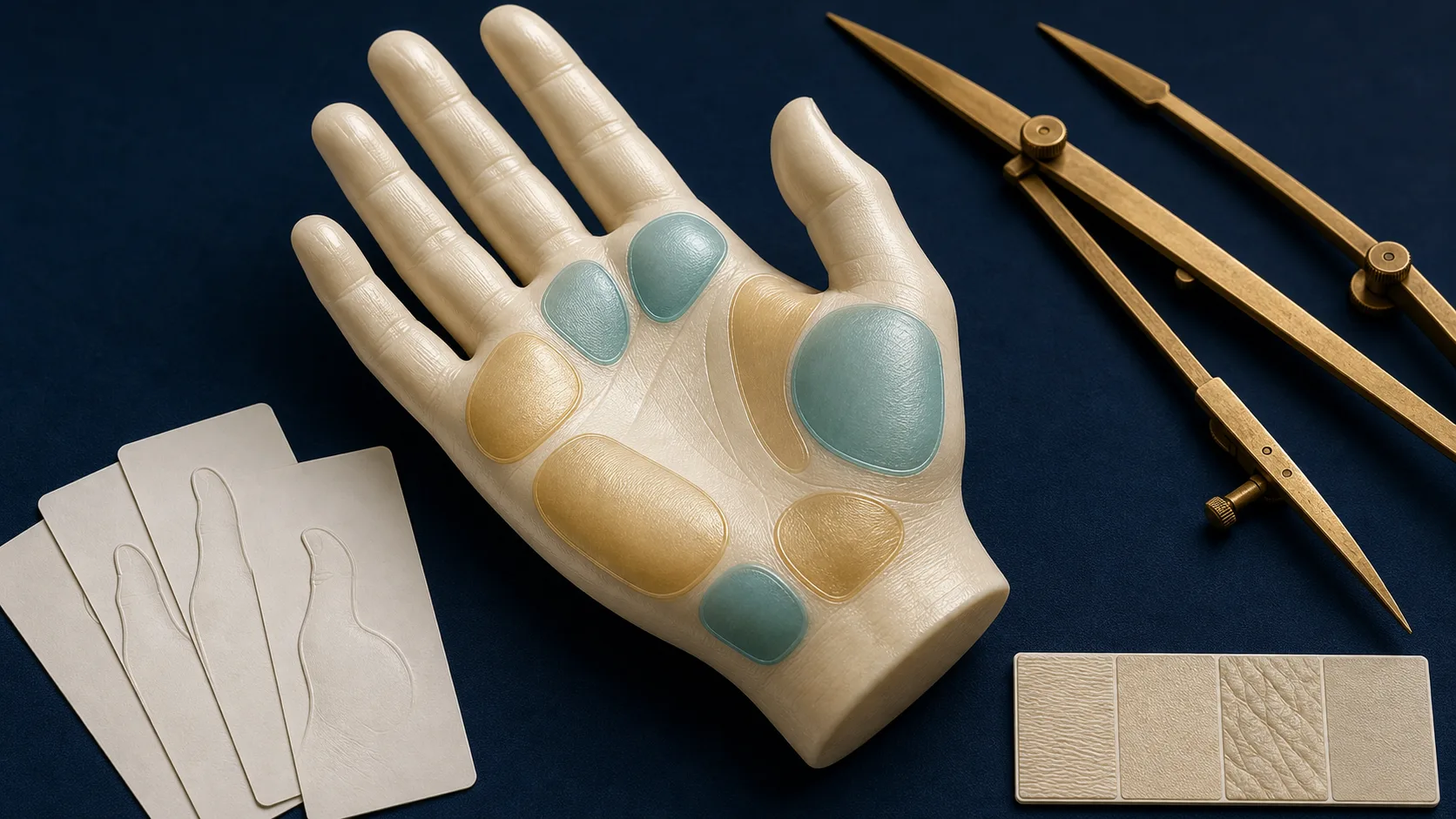 Palmistry hand model with highlighted mount regions, finger proportion dividers, thumb studies, and texture references