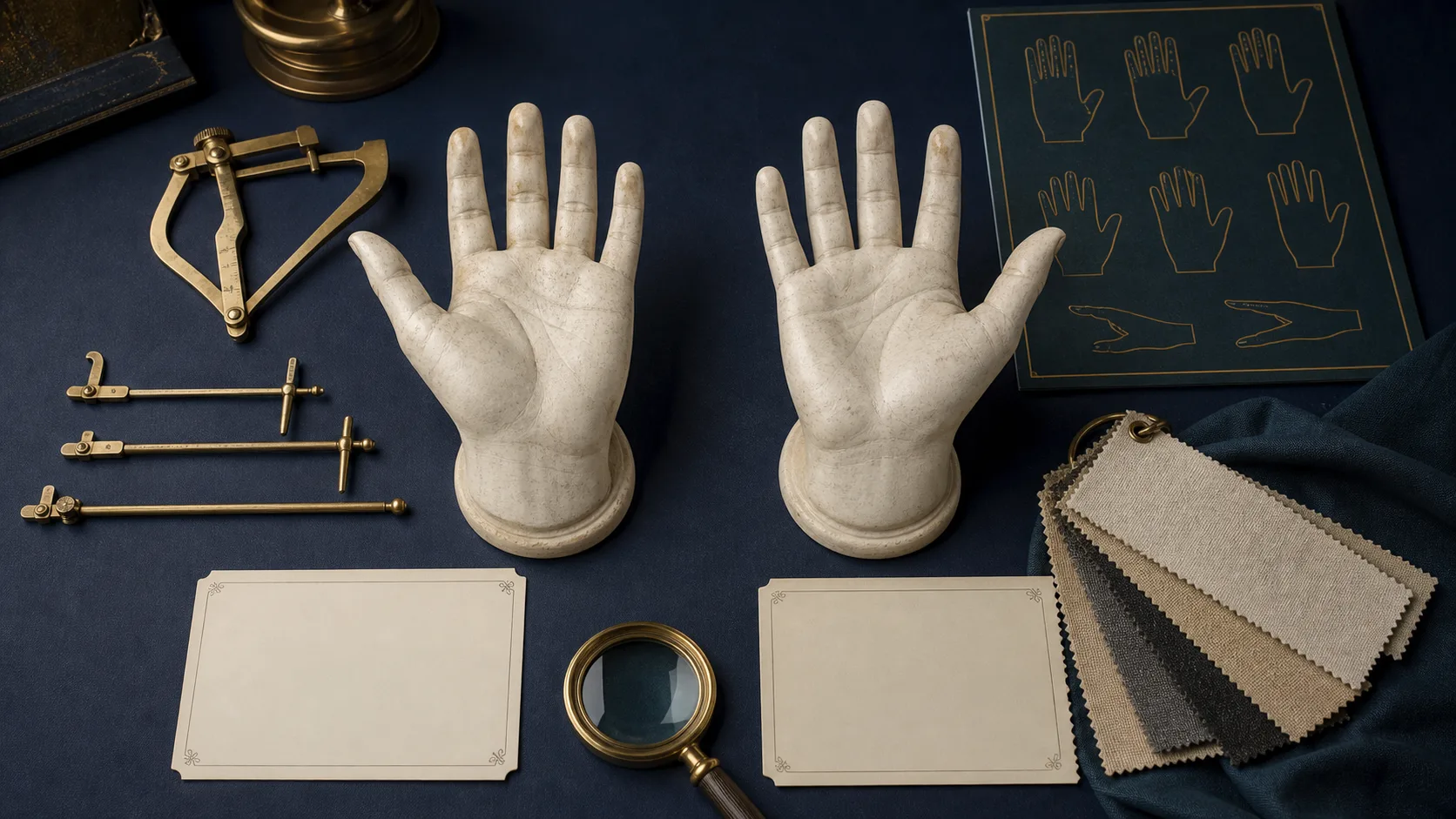 Paired left and right hand casts with proportion tools, texture swatches, hand-shape references, and observation cards