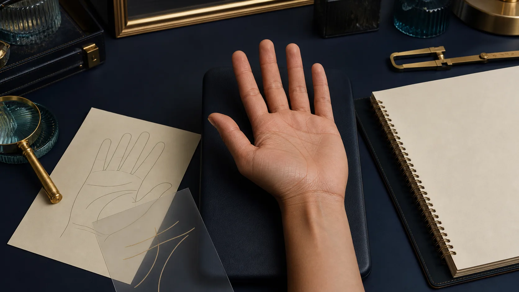 Palmistry observation desk with an open palm, magnifier, hand worksheet, line overlay, calipers, and reading notebook