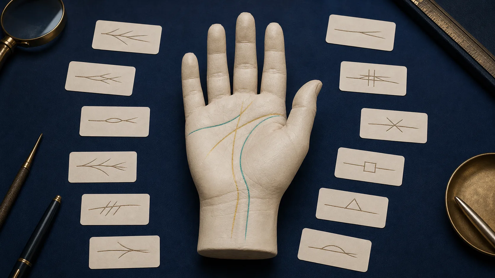 Palmistry hand model with highlighted major lines and organized cards showing common line branches and markings