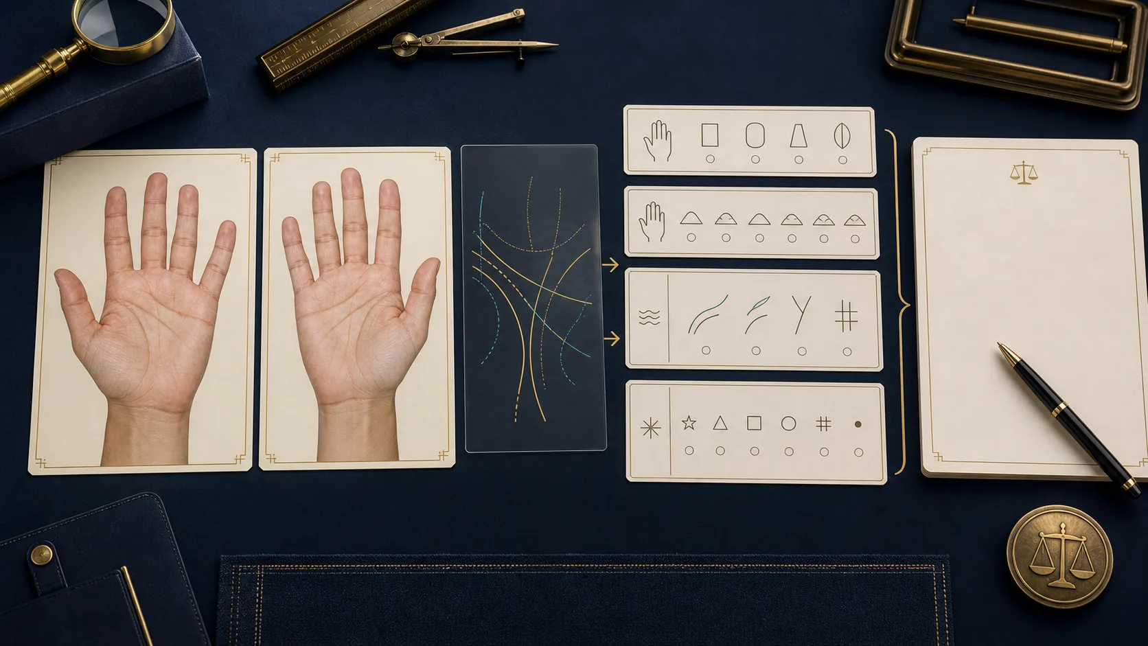 Two palm photographs compared with line overlays, structured observation cards, and a blank final reading sheet