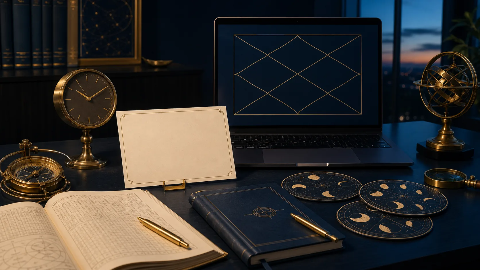 Prashna Shastra study desk with a question card, clock, compass, panchang, and question chart