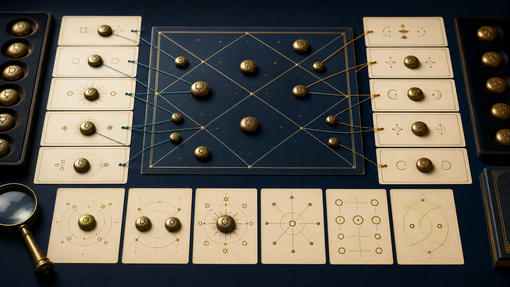 Prashna chart with grouped planetary markers and connected evidence cards for house judgement