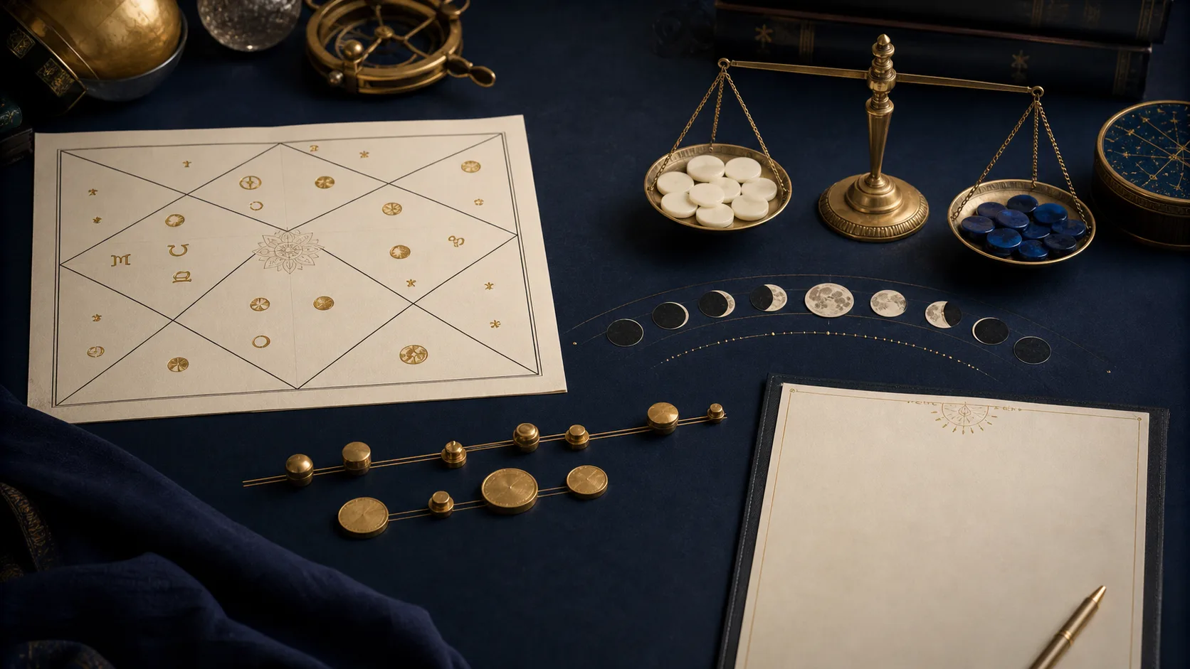 Prashna judgement desk with chart, balanced evidence, Moon phases, timing markers, and a blank conclusion sheet
