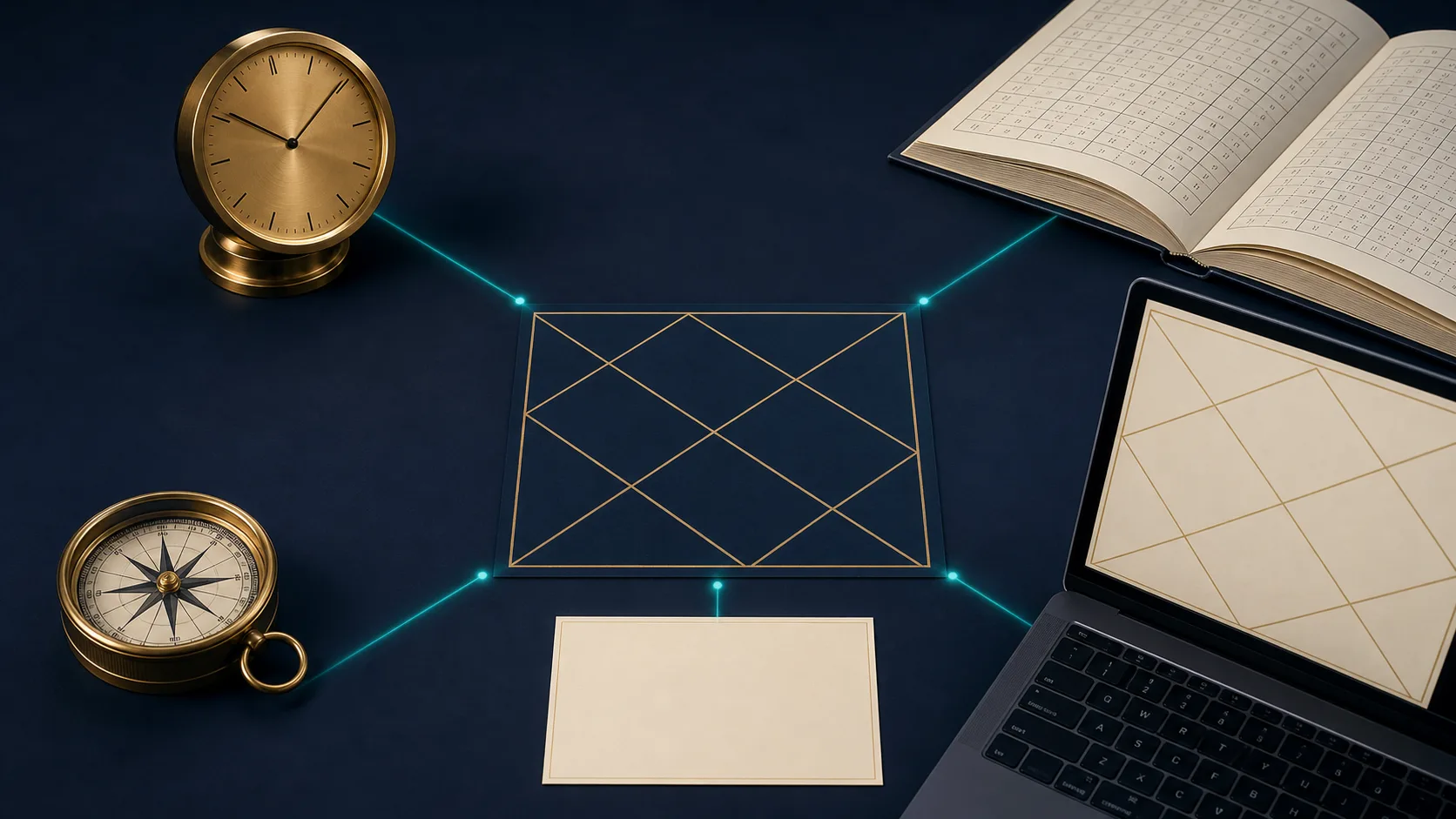 Question-chart workspace connecting a blank enquiry card, clock, location compass, and Prashna chart