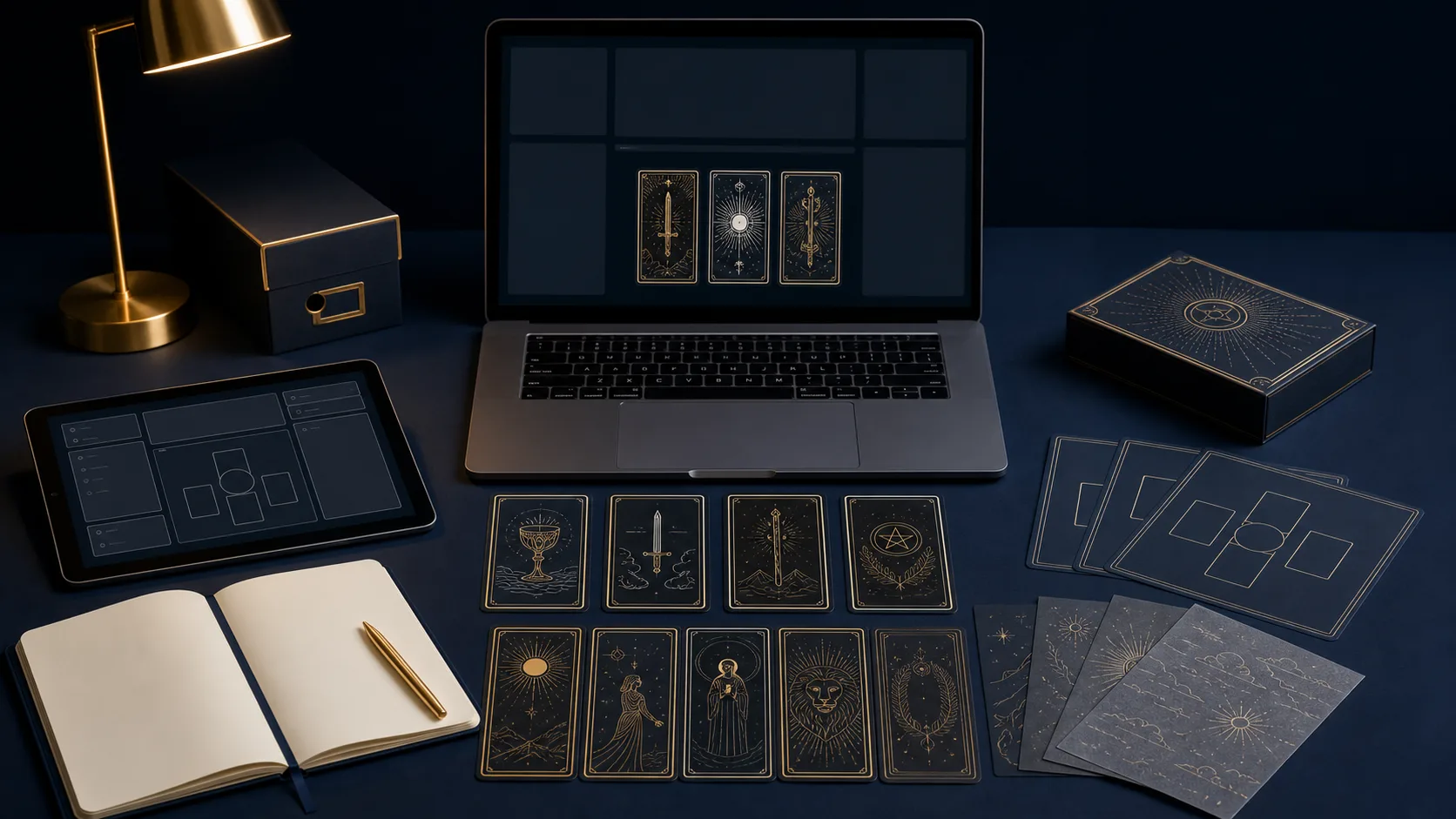 Online tarot class setup with original study cards, spread templates, symbolism overlays, question journal, deck box, laptop, and tablet