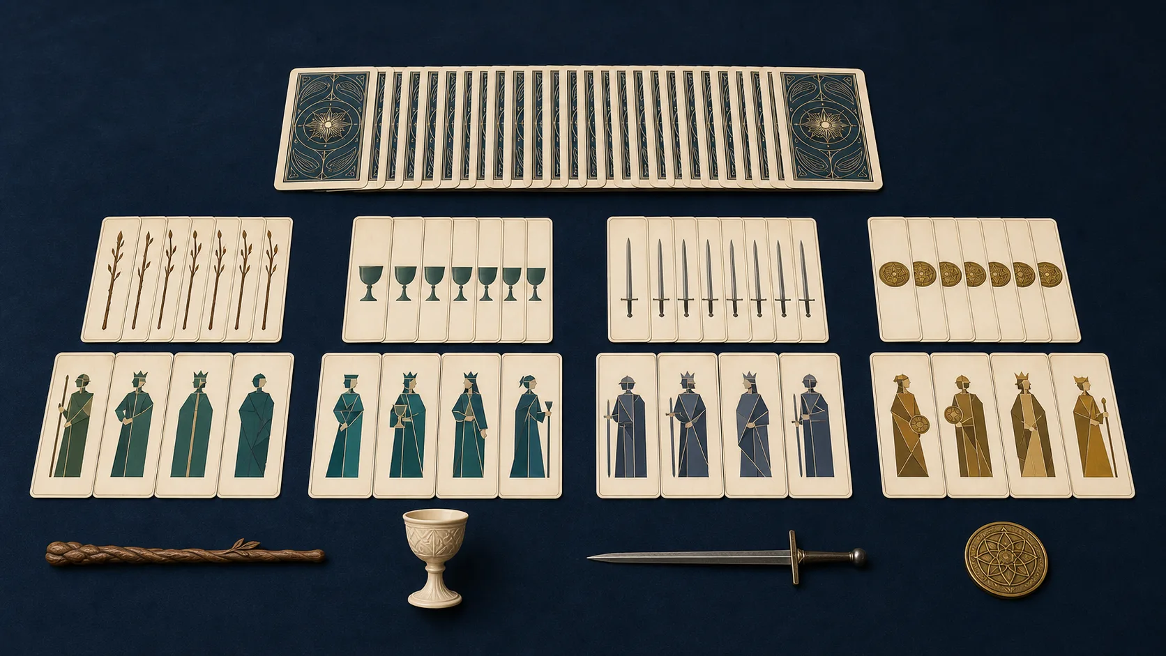 Tarot deck structure display separating Major Arcana, four Minor Arcana suits, pip cards, and court cards
