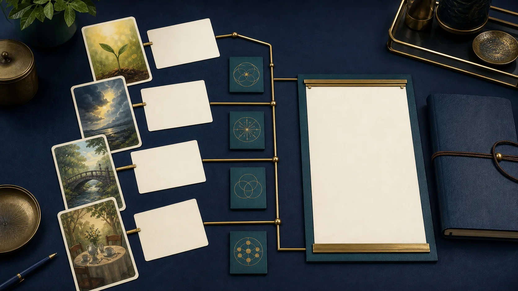 Tarot reading synthesis workspace connecting four original cards, blank observation slips, pattern cards, and a final reading page