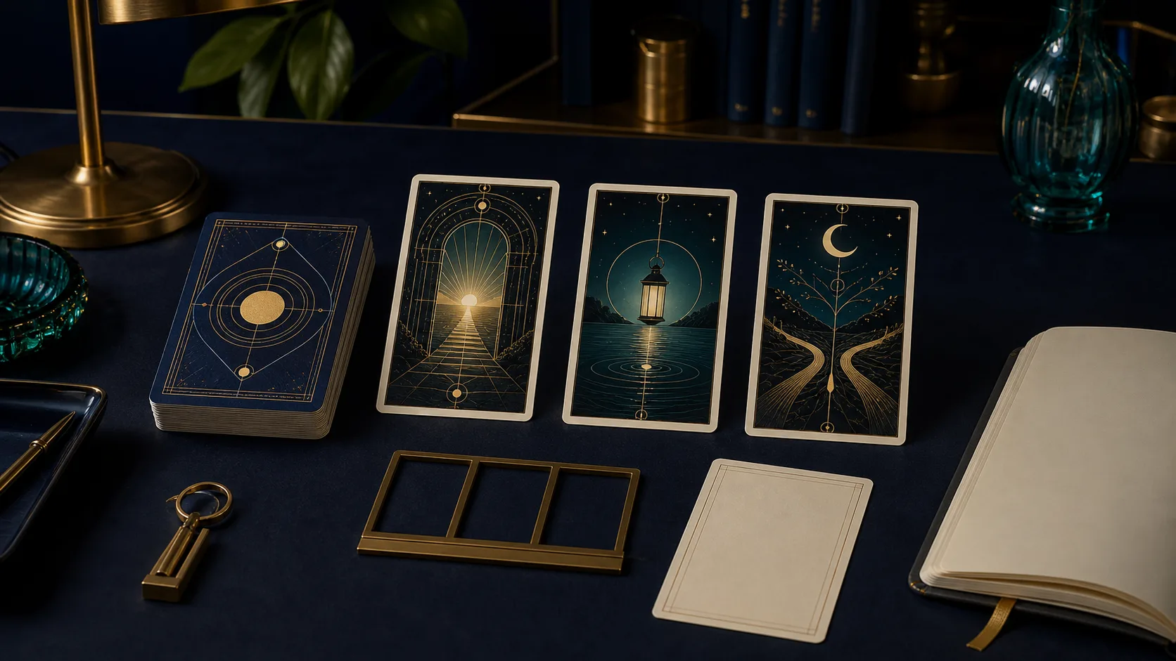 Tarot learning desk with an original three-card spread, blank question card, deck, journal, and spread frame
