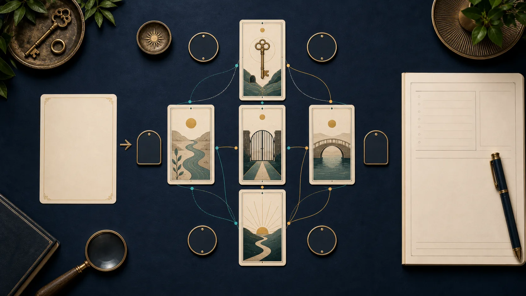 Five-card tarot spread connected by repeated symbols and colors beside a blank question card and reading worksheet
