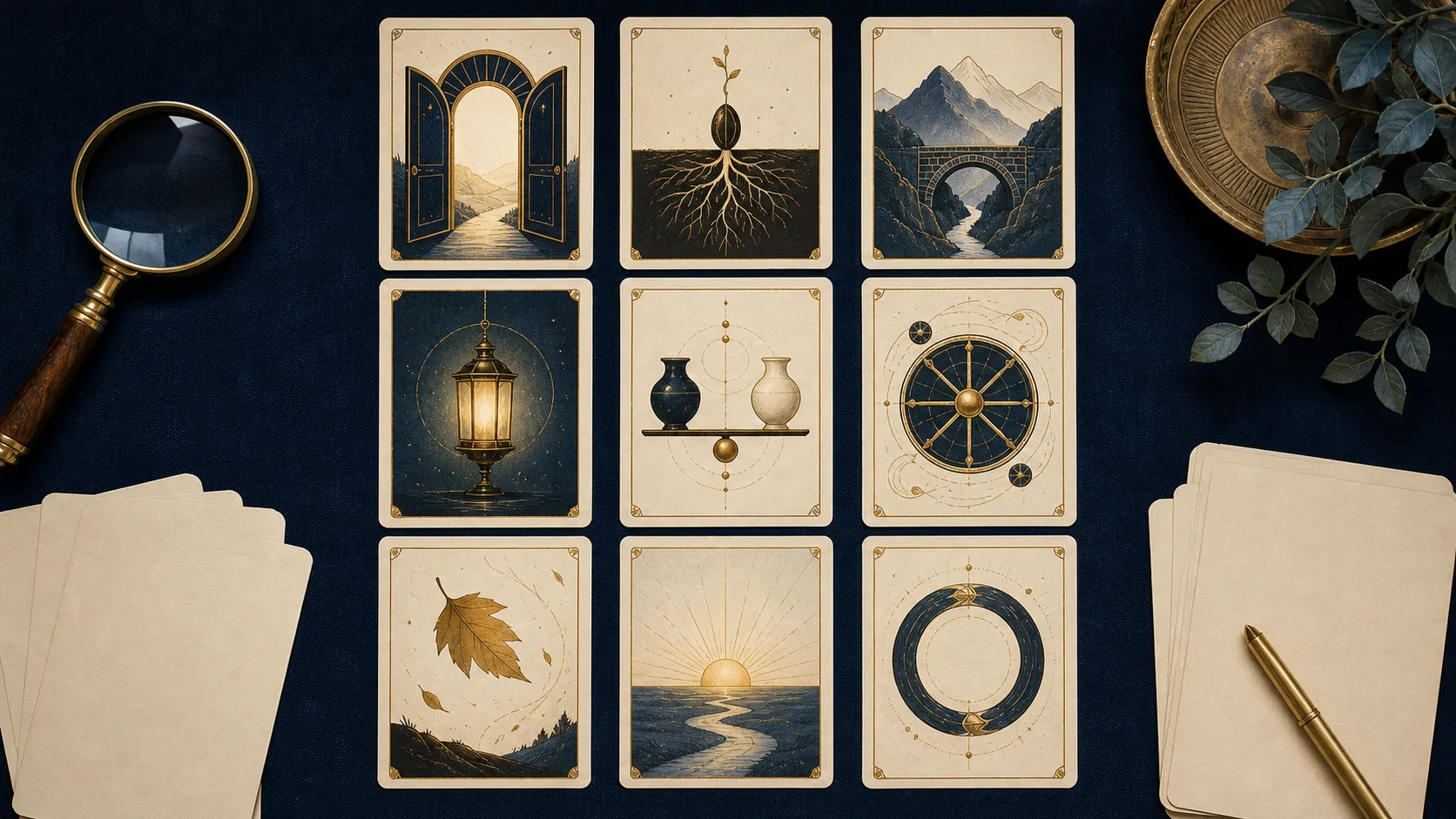 Original symbolic tarot study cards showing thresholds, roots, bridges, lanterns, balance, cycles, change, dawn, and completion