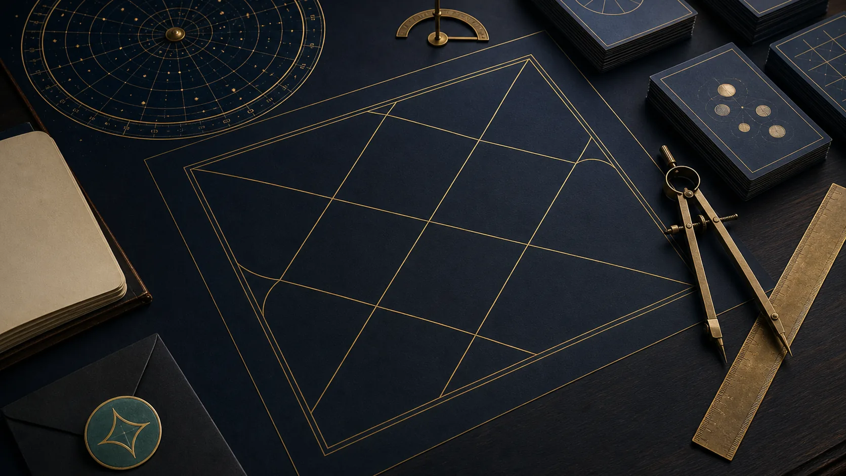 Birth chart construction workspace with geometric chart grid and drafting instruments
