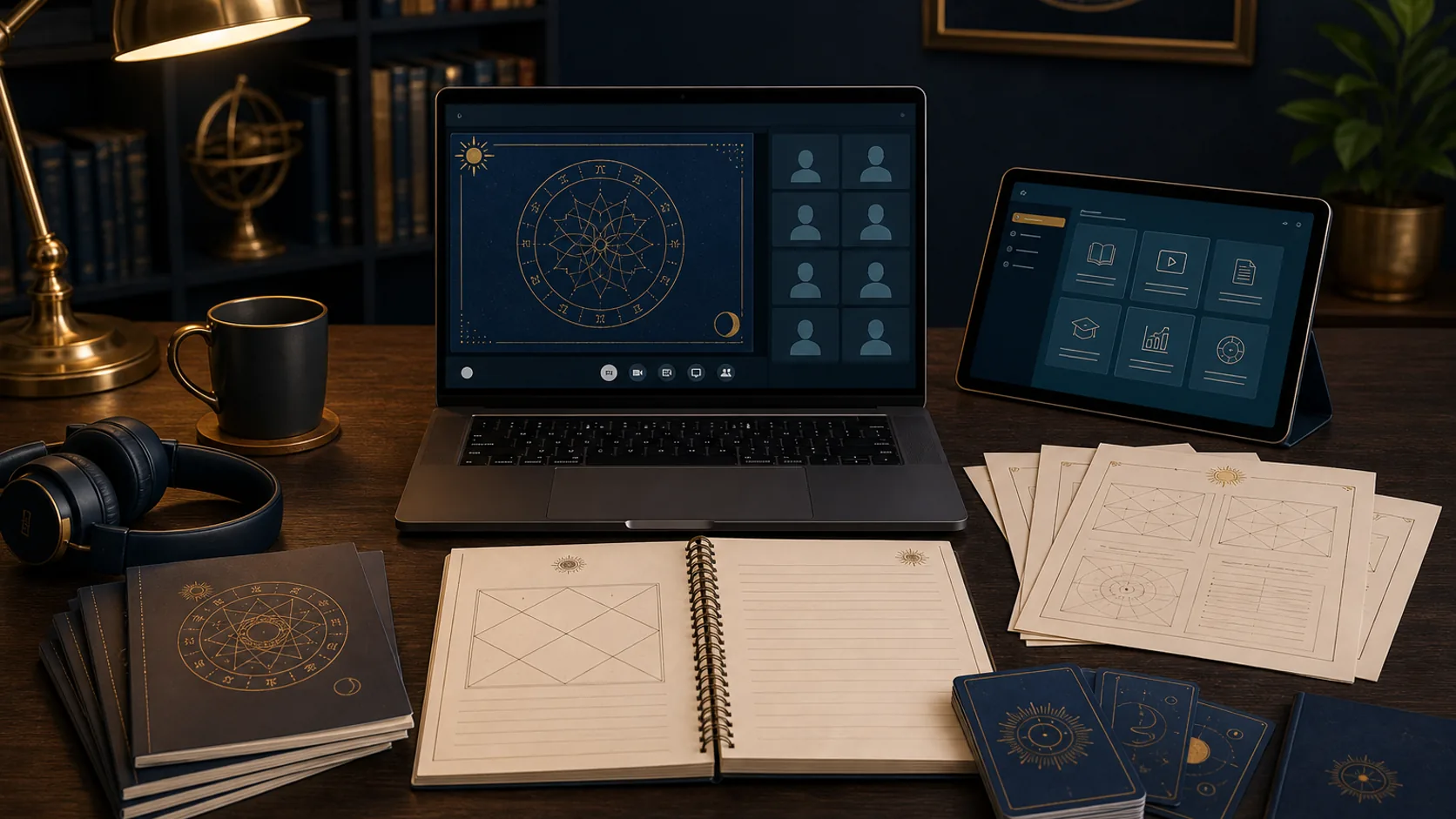 Online Vedic astrology class setup with laptop, course notes, worksheets, and chart templates