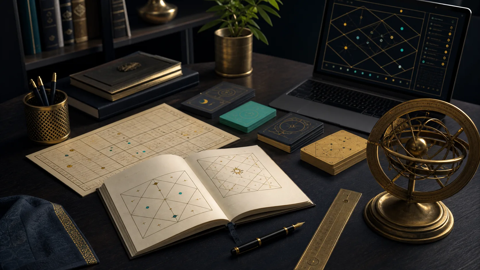 Vedic astrology course desk with birth chart notes, panchang references, and module worksheets