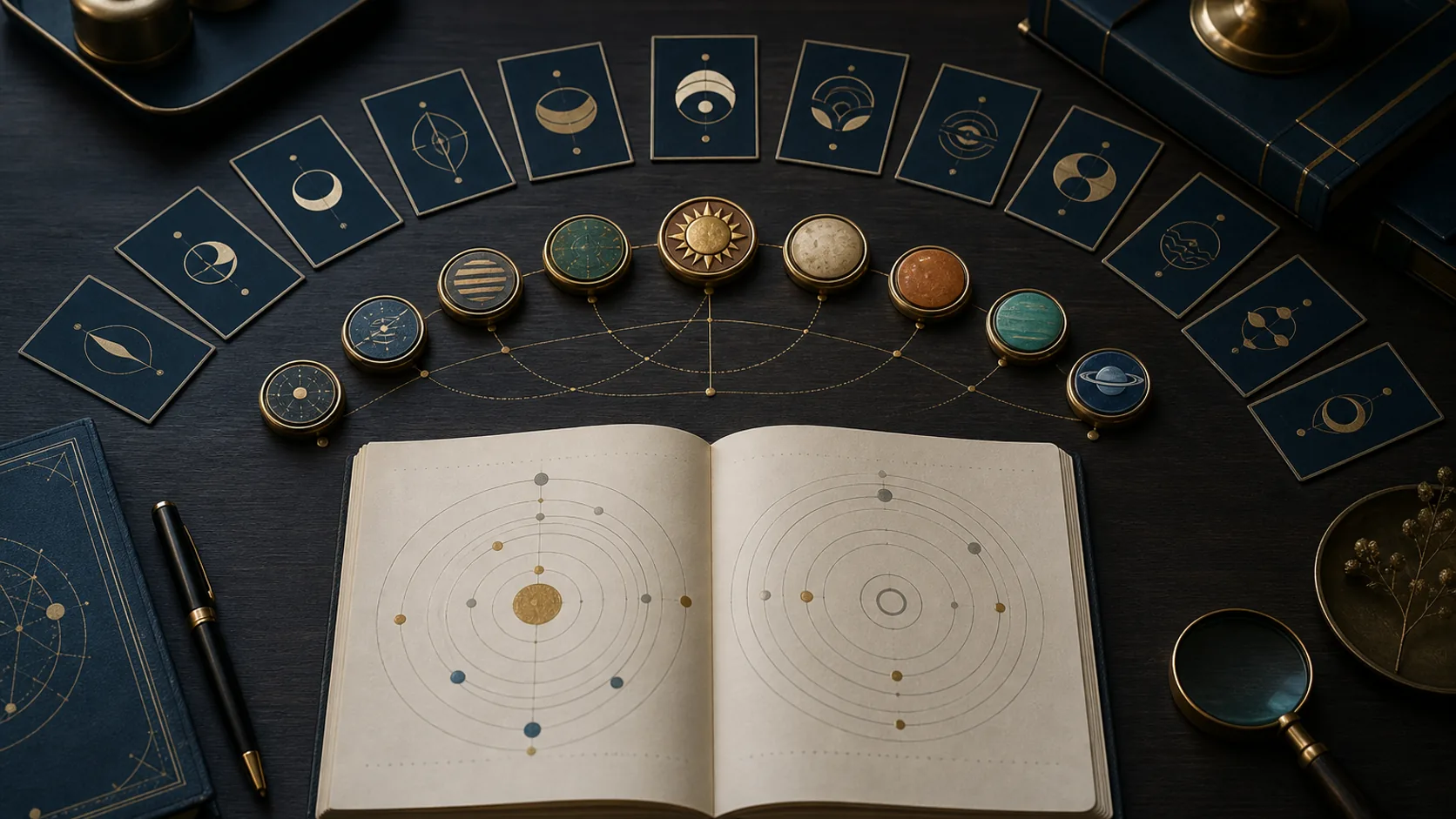 Organized planetary study tokens and orbital diagrams on a course desk