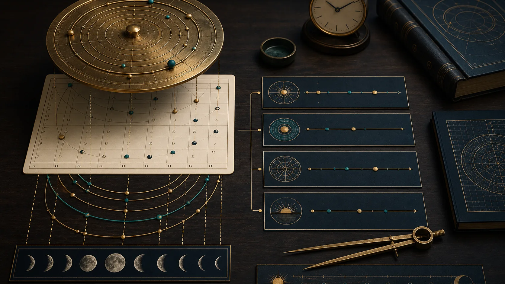 Vedic astrology timing workspace with transit instrument, calendar, and lunar phases